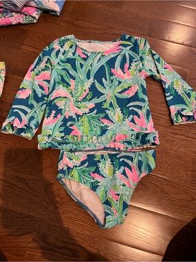 Lilly Pulitzer Girls Teal Floral Rash Guard Swimsuit Set